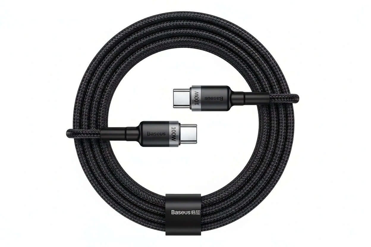 Baseus 100W USB-C fast charging cable with dual connectors, designed for efficient charging and data transfer.