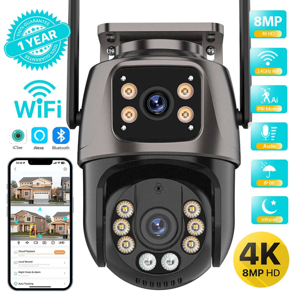 UDECER Security 4K 8MP outdoor WiFi PTZ security camera with dual lenses, AI auto tracking, and night vision for surveillance.