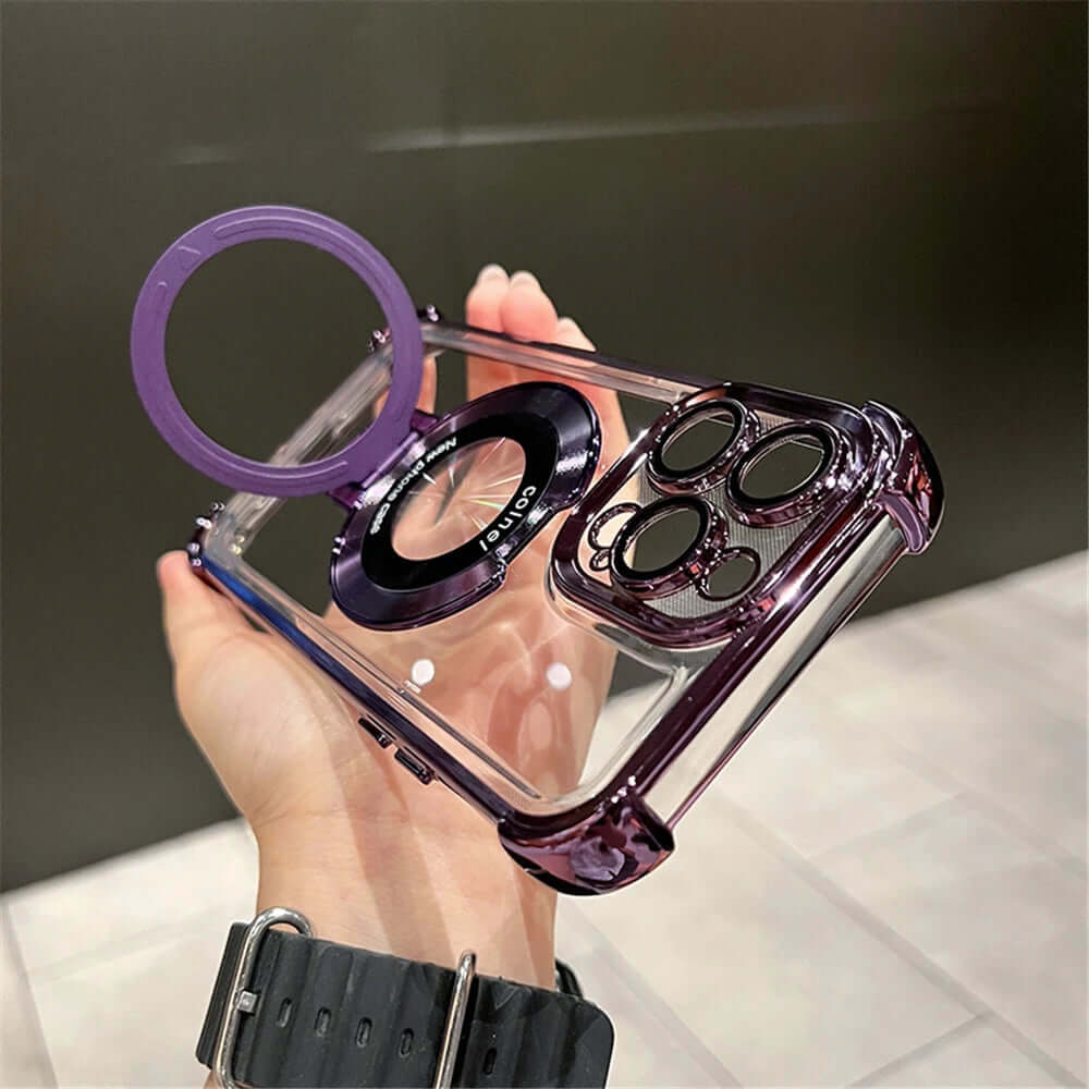 Clear phone case with purple accents held by a hand on a neutral background