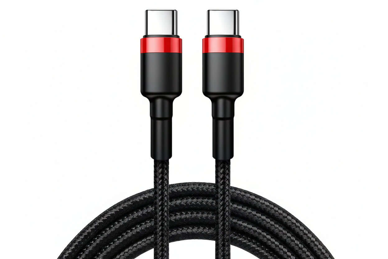 Baseus 100W USB-C fast charging cable with black and red braided design, ideal for fast data transfer and charging.
