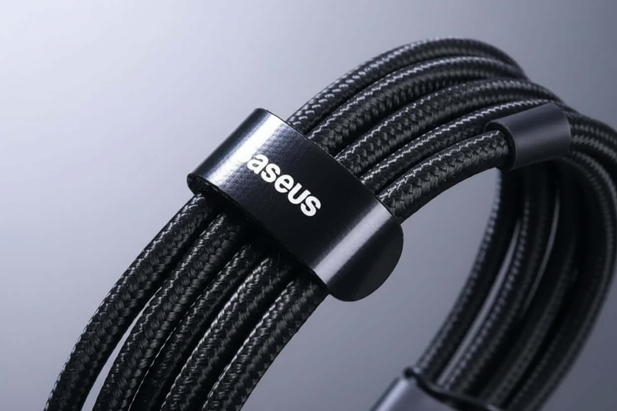 Baseus 100W USB-C fast charging cable in a sleek design, showcasing its durable braided material and branding.
