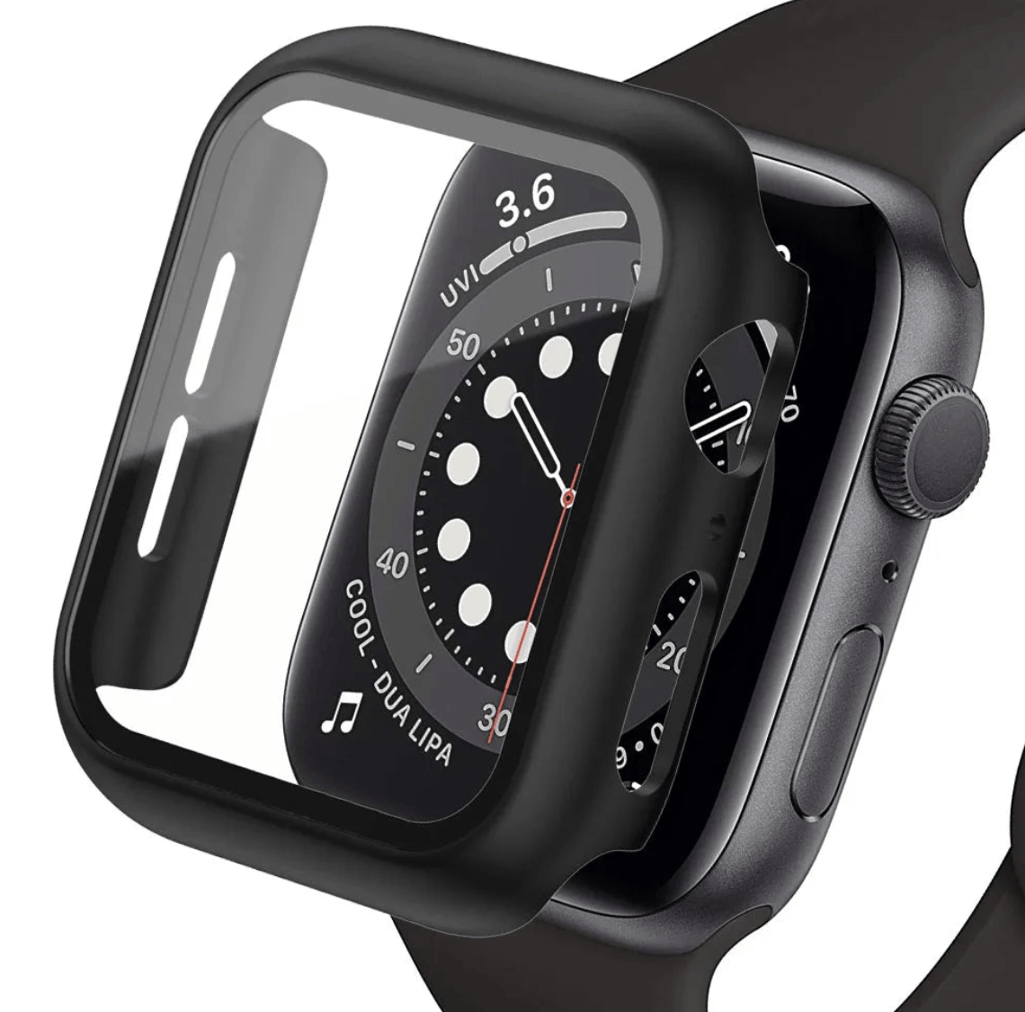 Tempered glass screen protector and cover for Apple Watch, designed to safeguard the watch display and edges.