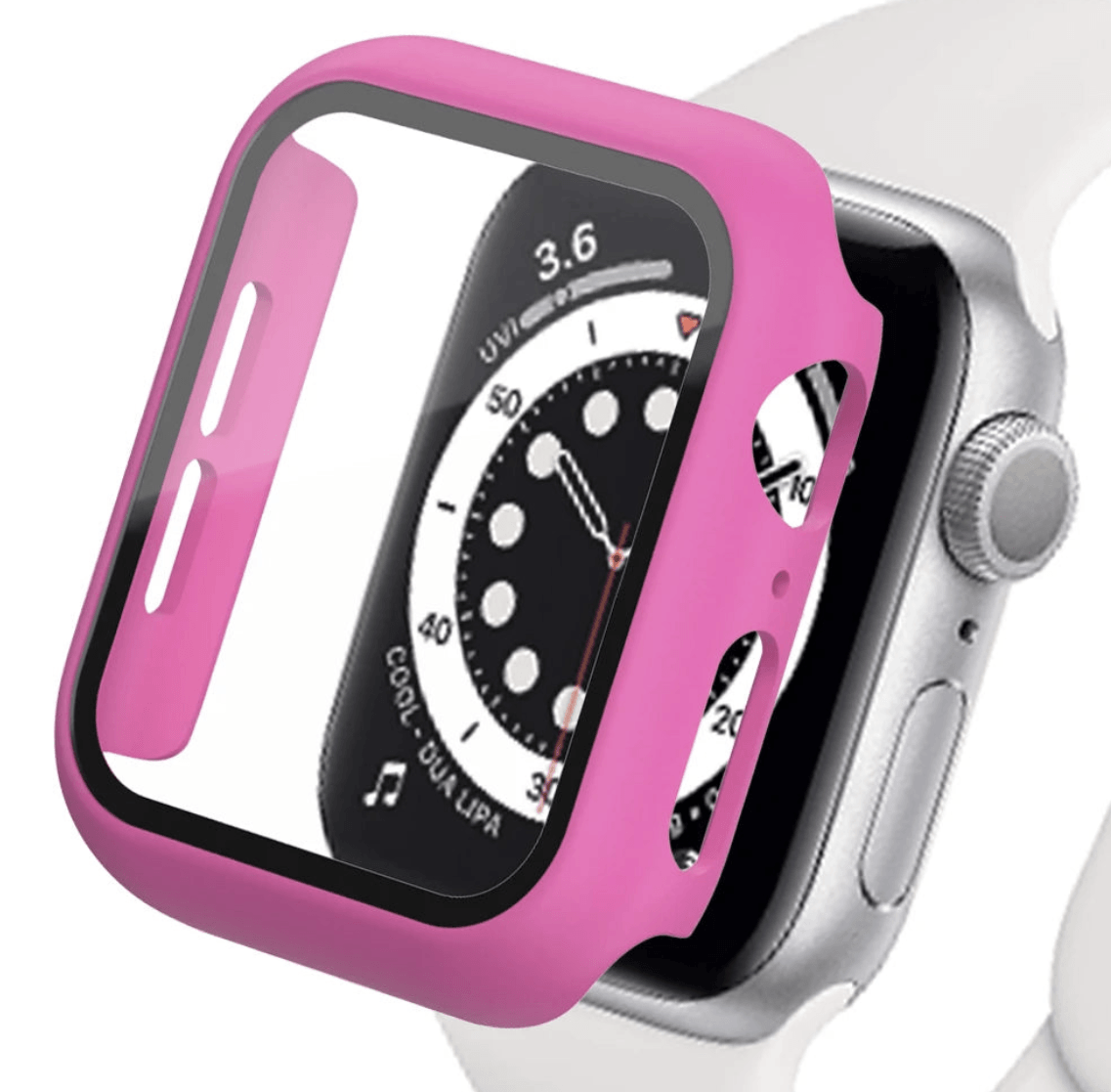 Apple Watch with tempered glass screen protector and cover, showcasing protective accessories from Watch Bands Store.