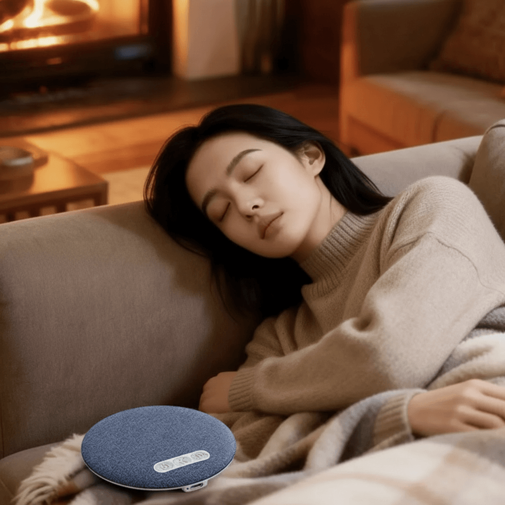 Woman sleeping on a couch with a blue sound system emitting light and sound, text about sound system benefits.