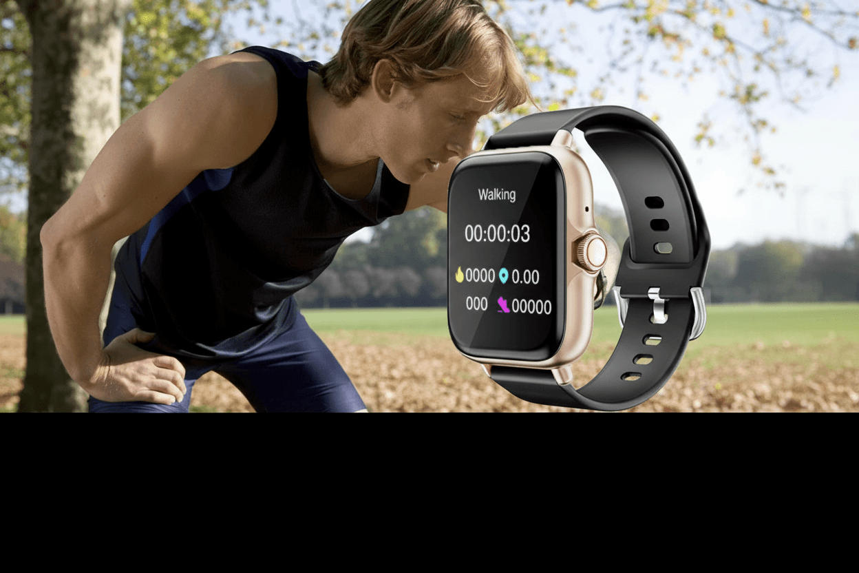 Smartwatch being worn by a person outdoors with feature icons displayed below.