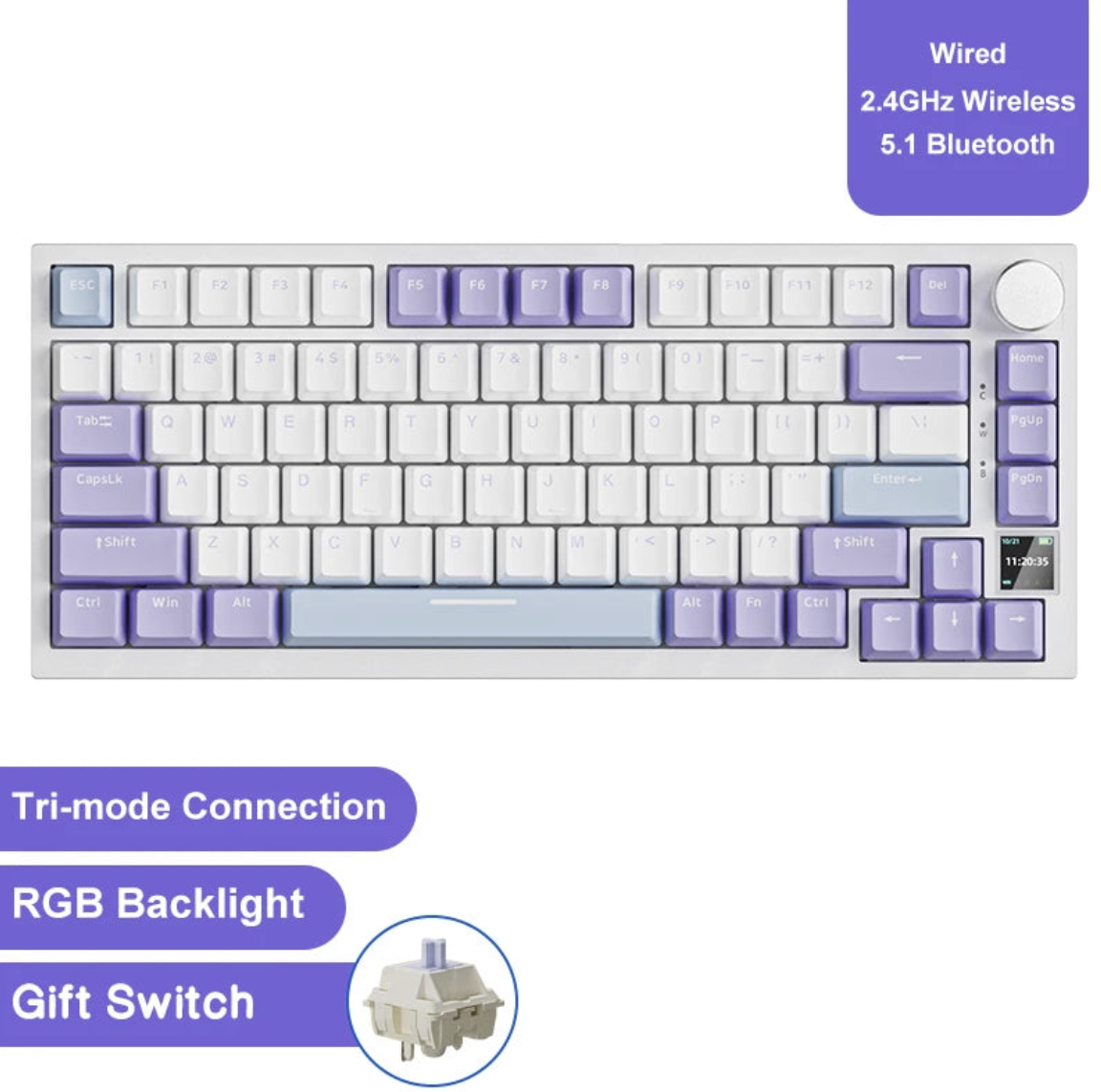 Wireless Ajazz AK820 mechanical gaming keyboard with RGB backlit keys and sleek design, ideal for gaming and typing.