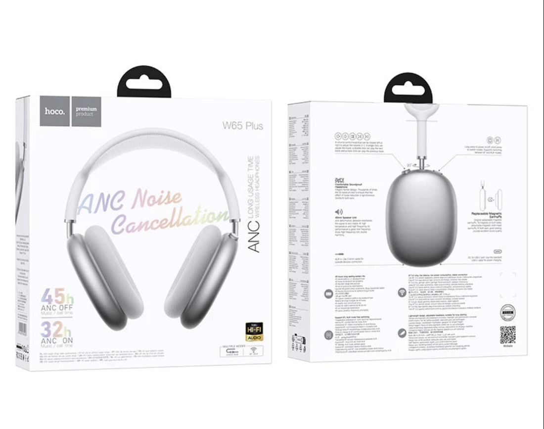 Hoco W65 ANC over-ear wireless headphones with Hi-Fi sound, black design, and built-in noise-canceling technology.