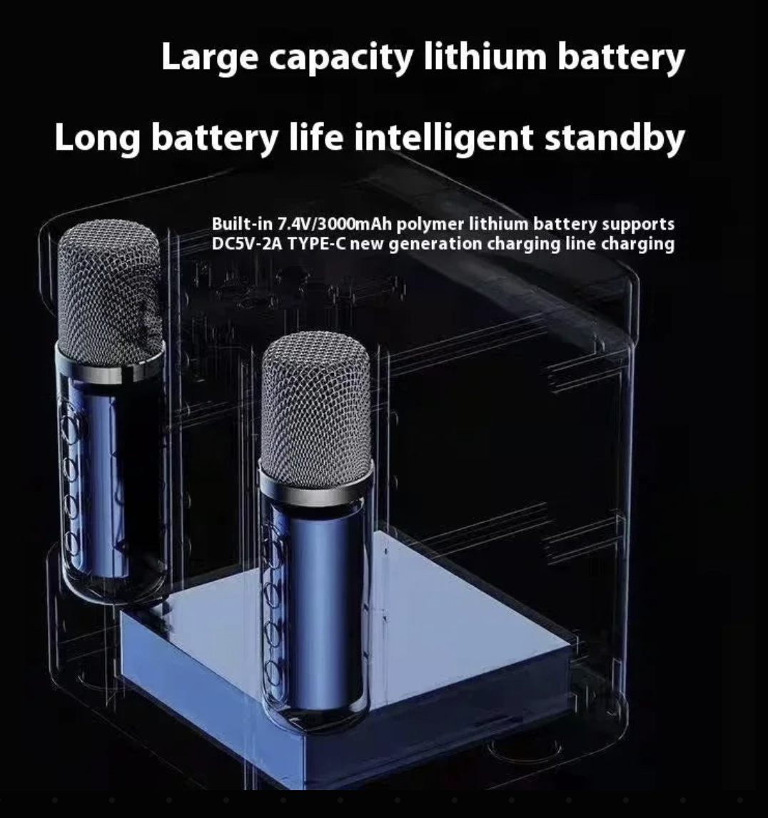 Portable karaoke machine with two wireless microphones and voice effects, ideal for singing fun and entertainment.