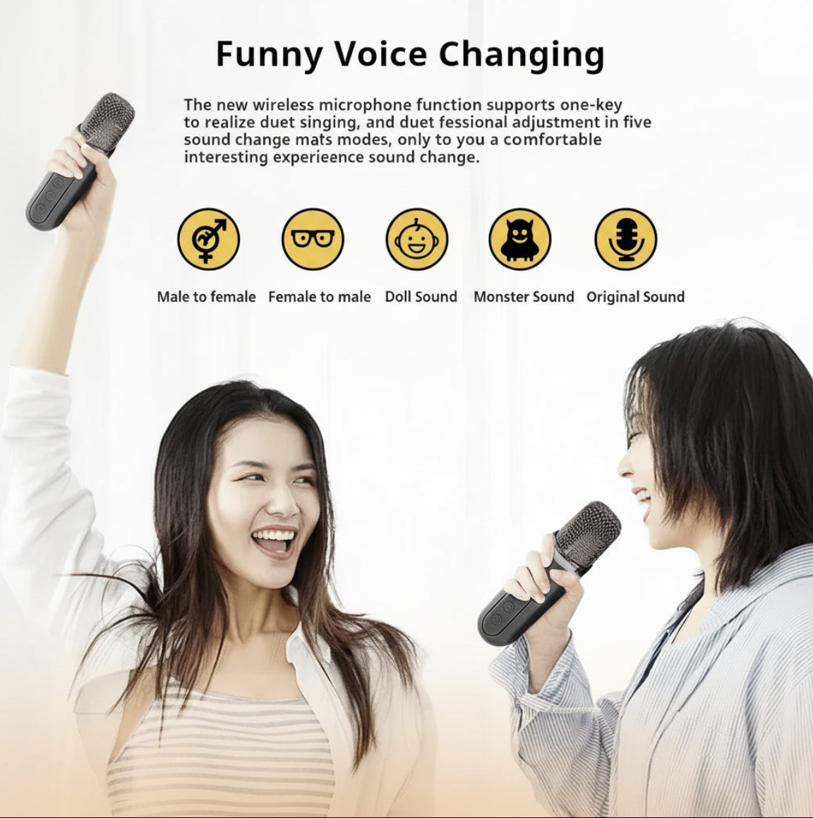 Portable karaoke machine with two wireless microphones and voice effects by Tech Viral To You Limited, featuring colorful controls and display.