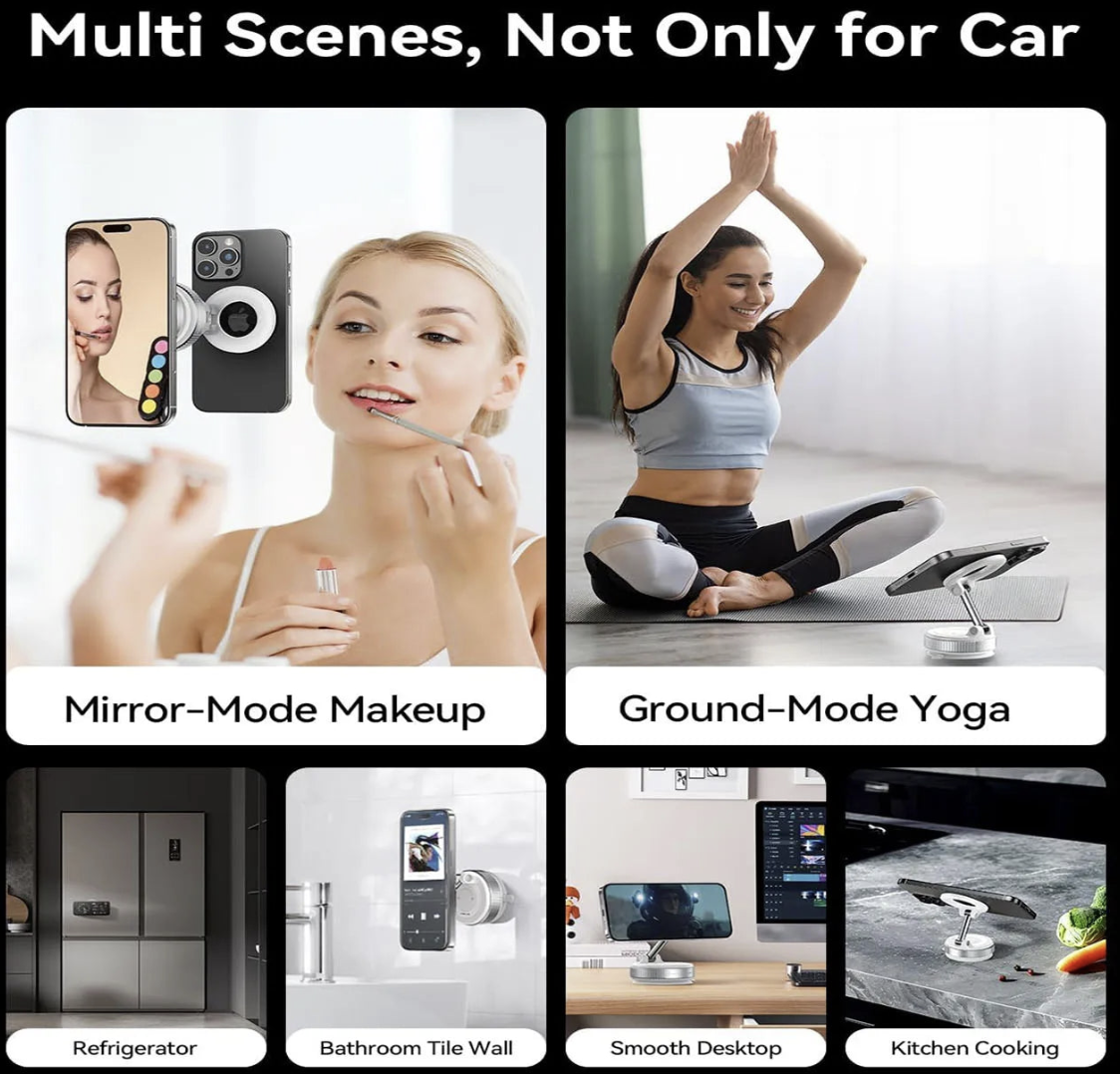 MagSafe car phone mount with 360° magnetic suction holder, compatible with iPhone and smartphones for hands-free driving.