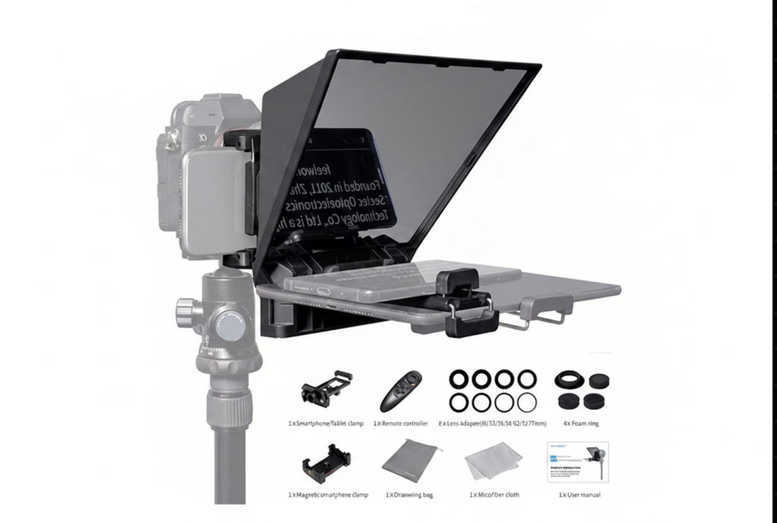 Feelworld TP2A Mini Teleprompter for phones and tablets, compact camera accessory with 8-inch screen for easy on-camera prompts.