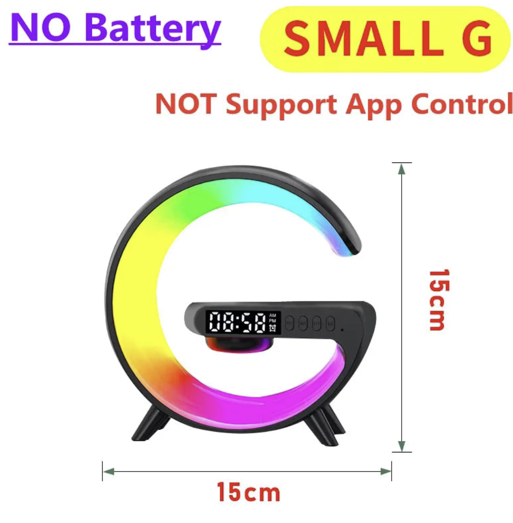 Wireless charger stand with RGB alarm clock display and Bluetooth speaker, designed for charging smartphones wirelessly.