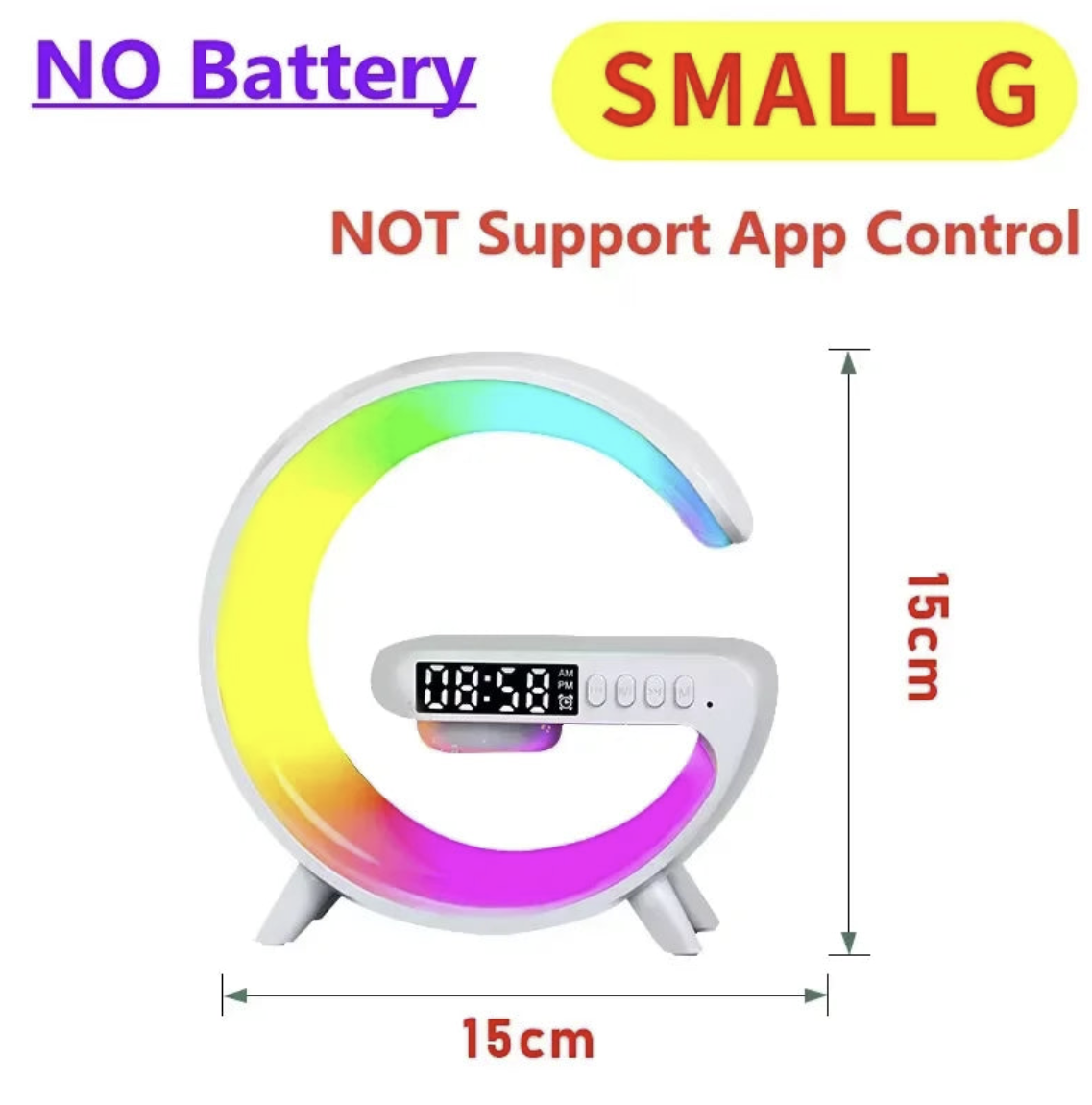 Wireless charger stand with RGB alarm clock and Bluetooth speaker features, designed for convenient device charging and audio playback.
