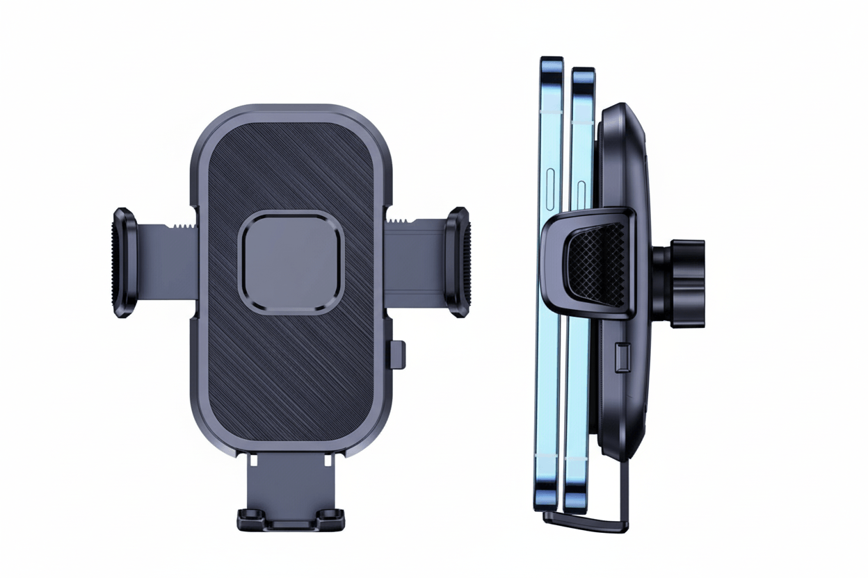 Universal car phone holder with gravity design and auto-grip technology positioned alongside two smartphones.