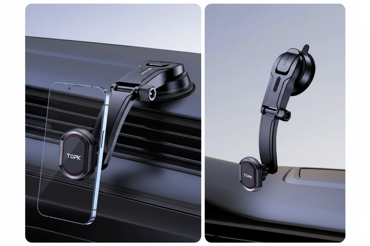 Universal car phone holder by TOPK, gravity mount for dashboard, windshield, and air vent with secure grip and adjustable viewing angles.