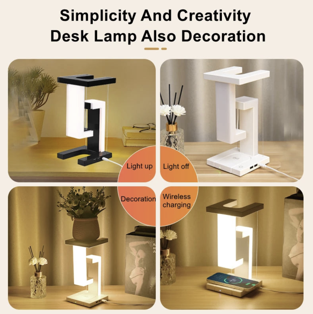 Levitating desk lamp with 10W wireless charger from OT Lifestyle Store, showcasing a modern floating lighting design.