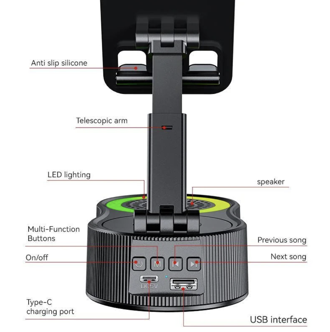 Yisen 3C Digital Store 5-in-1 phone stand with Bluetooth speaker, LED light, and adjustable holder for smartphones