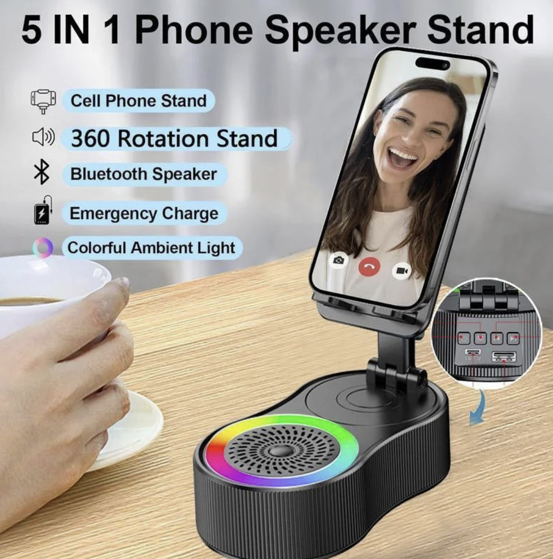 Yisen 3C Digital Store 5-in-1 phone stand with Bluetooth speaker, LED light, and adjustable design for hands-free use.