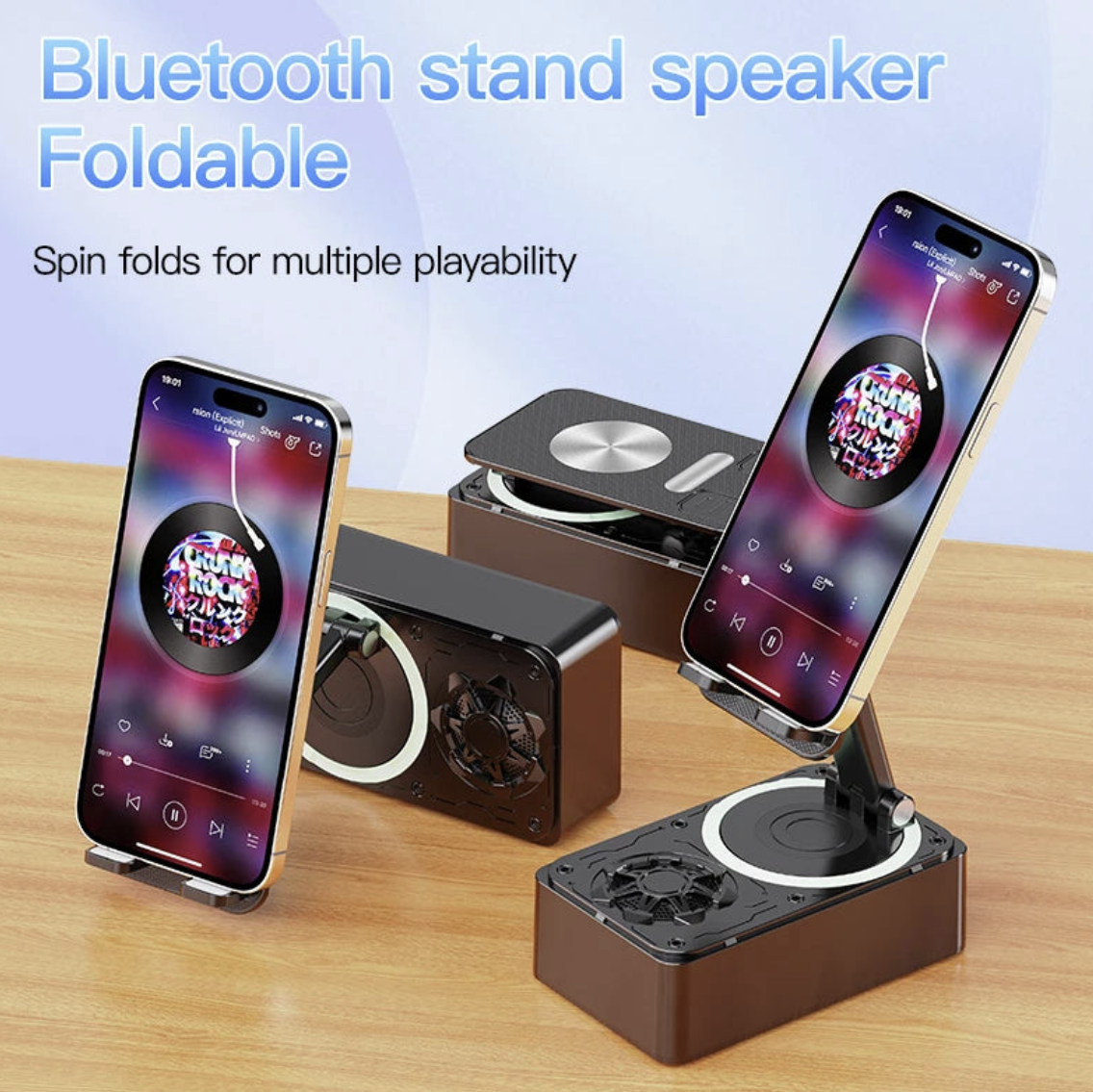 Vicky Xiao 3C Store 3-in-1 Bluetooth speaker with built-in phone stand and power bank, showing compact design and controls.