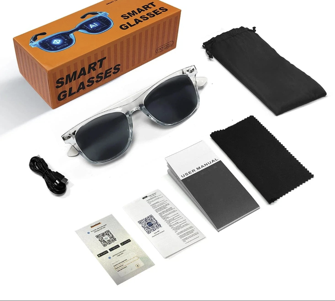Lenovo AI smart glasses with Bluetooth, voice assistant, music playback, and translation features for office and travel use.