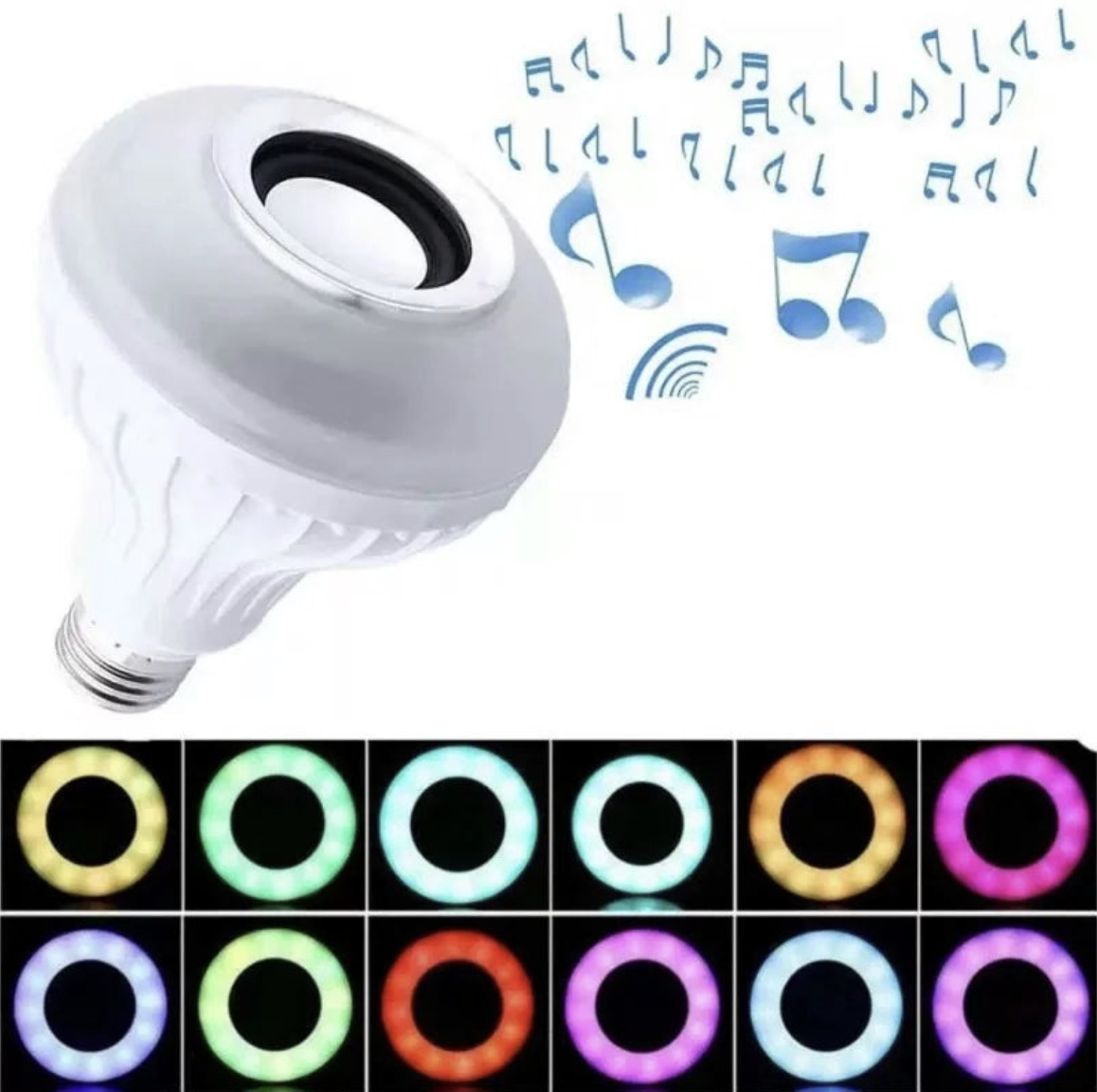 RGB LED Bluetooth speaker light bulb with E27 base, dimmable lighting, and color-changing features by Tech Viral To You Limited.