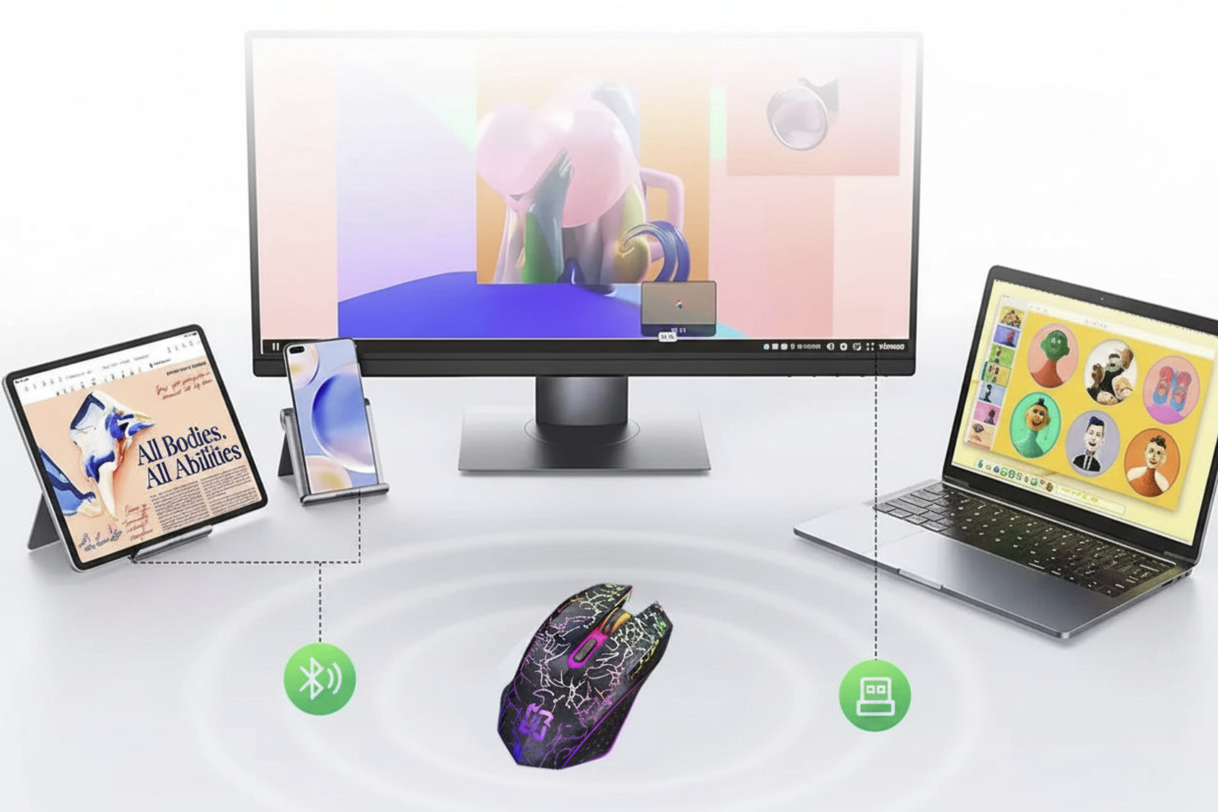 Silent RGB wireless mouse from Tech Viral To You Limited with Bluetooth 5.2 and 2.4G connectivity, featuring customizable RGB lighting.
