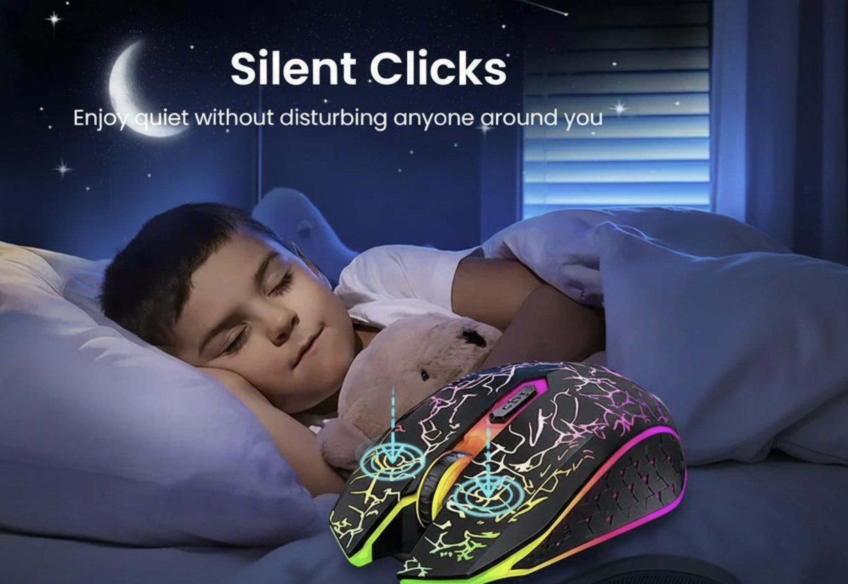 Wireless Tech Viral To You Limited RGB silent mouse with Bluetooth 5.2 and 2.4G connectivity, shown on a computer screen.
