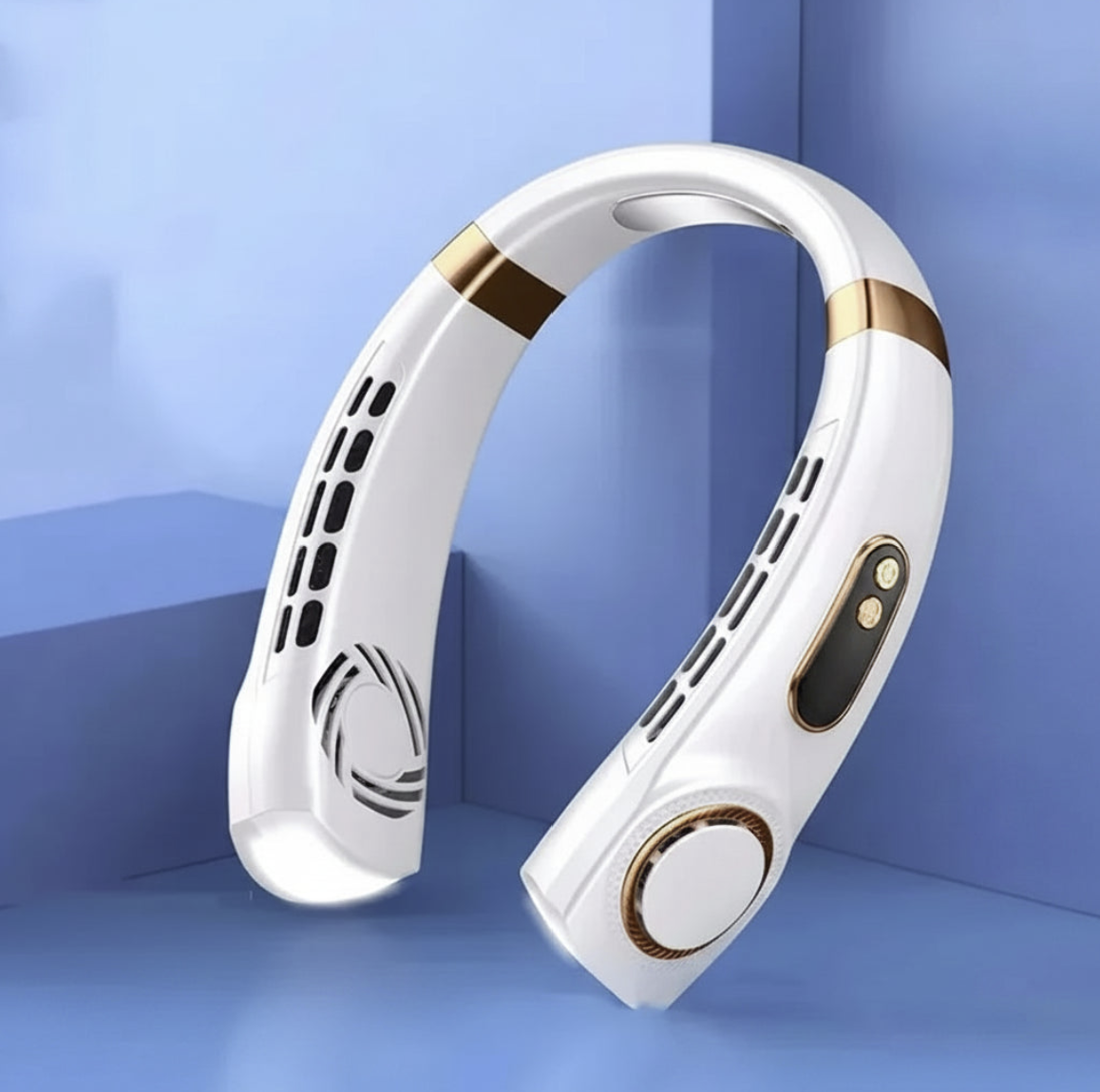Portable Tech Viral To You Limited bladeless neck fan with USB rechargeability and 100 speed settings, hanging around the neck.