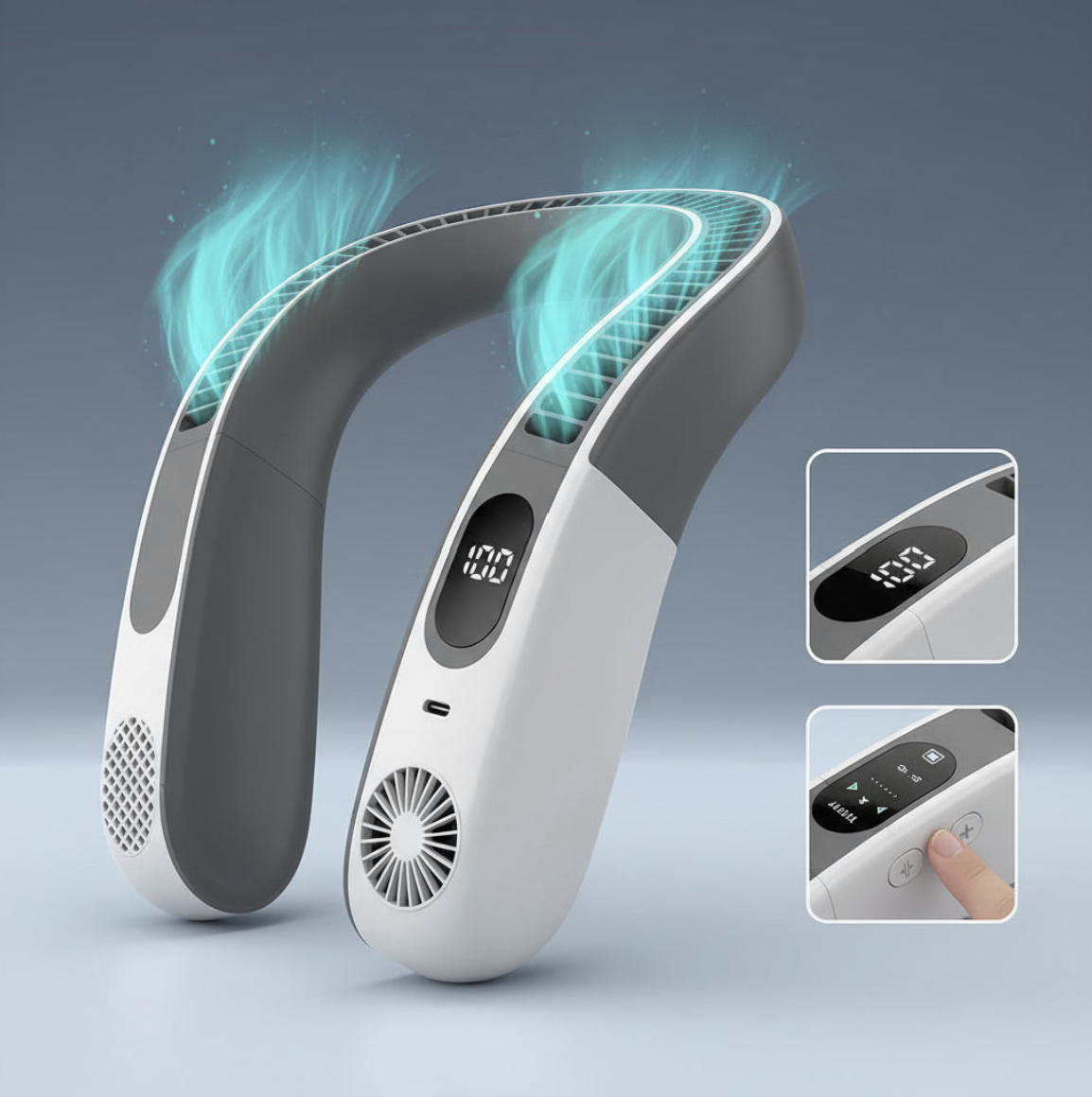 Portable bladeless neck fan by Tech Viral To You Limited, USB rechargeable with 100-speed settings, worn around the neck.