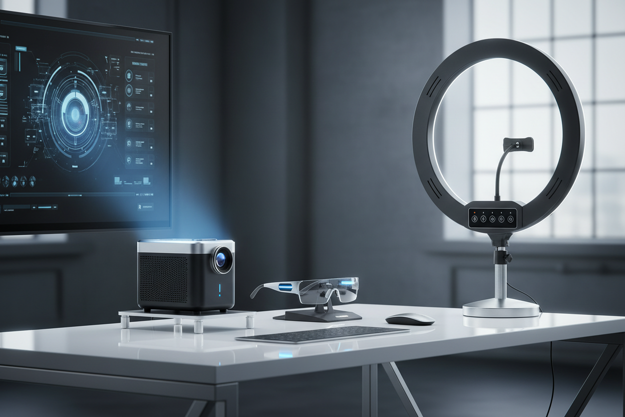 Best tech gadgets of 2026 including portable projector, smart glasses, and ring light displayed on a desk