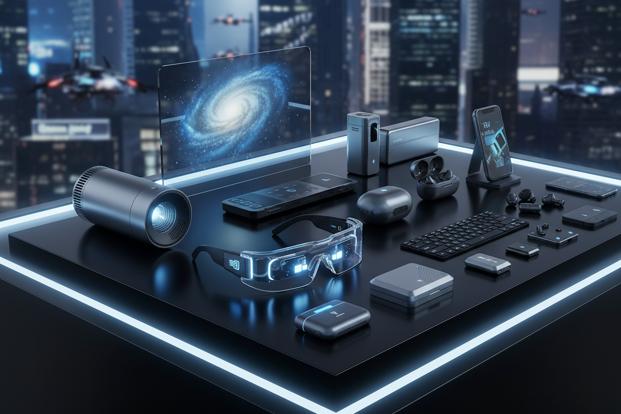 A collection of innovative smart accessories 2026 including glasses, projector, and wireless earbuds on a futuristic display.