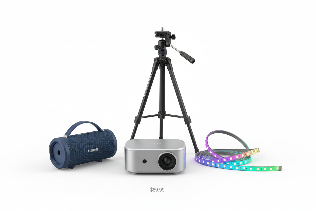 Budget home entertainment setup including a projector, speaker, tripod, and LED strip lights.