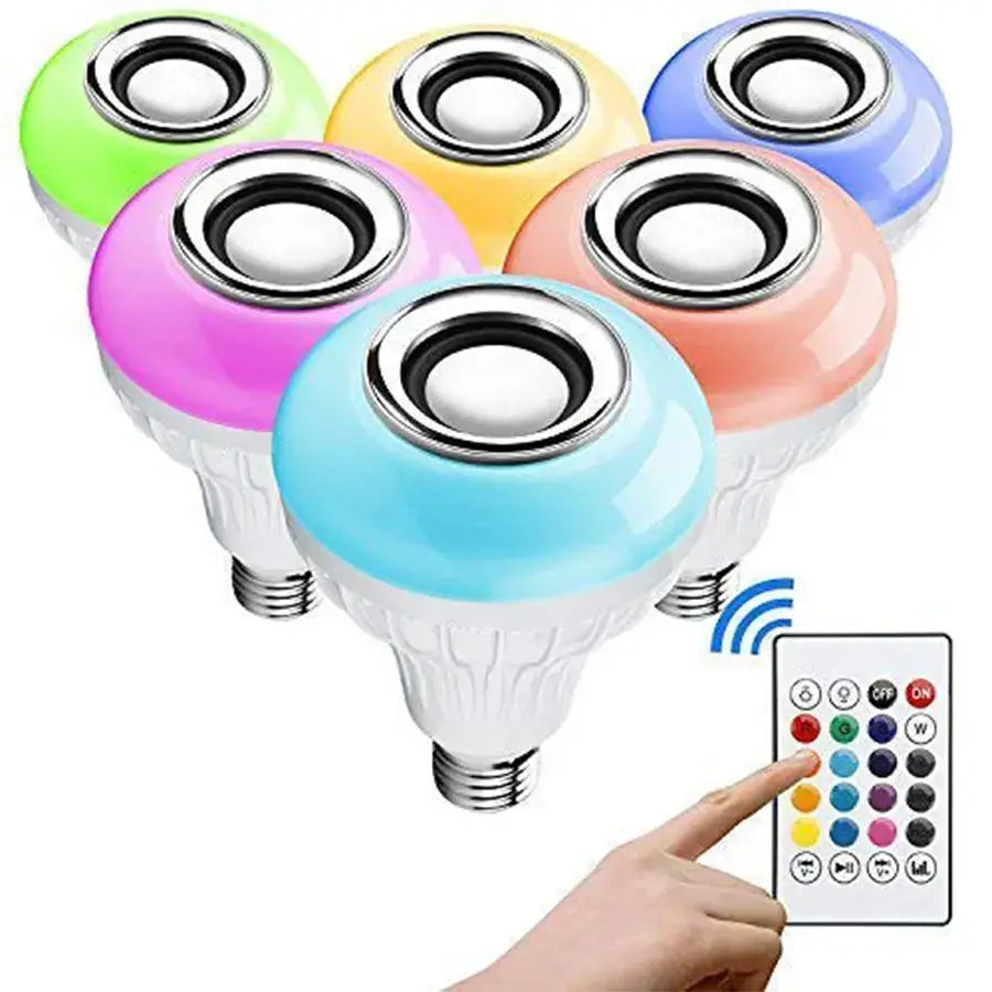 TechViralToYou 12W E27 LED light bulb with Bluetooth speaker, color-changing RGB for bedroom and party decor.