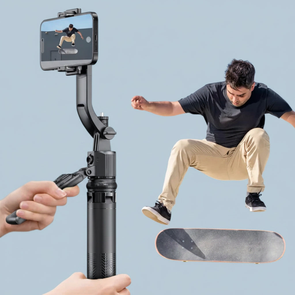 5-in-1 selfie tripod gimbal with 360° auto face tracking for phones, camera accessories for steady, hands-free photography.
