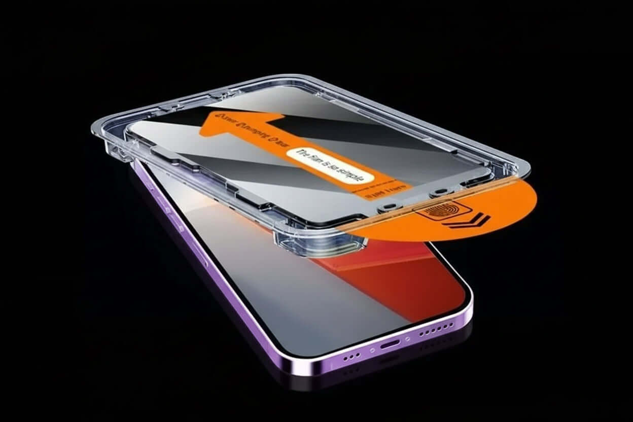 Smartphone with screen protector application tool on a black background