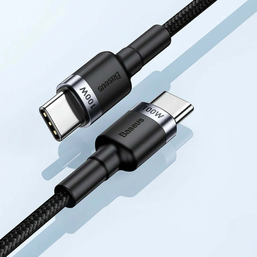 Baseus 100W USB-C fast charging cable, showcasing high-quality connectors and braided design for durability.