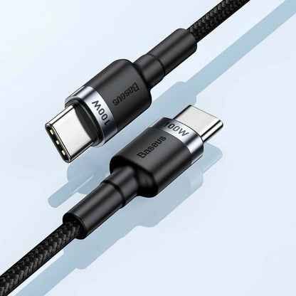 Baseus 100W USB-C fast charging cable, showcasing high-quality connectors and braided design for durability.