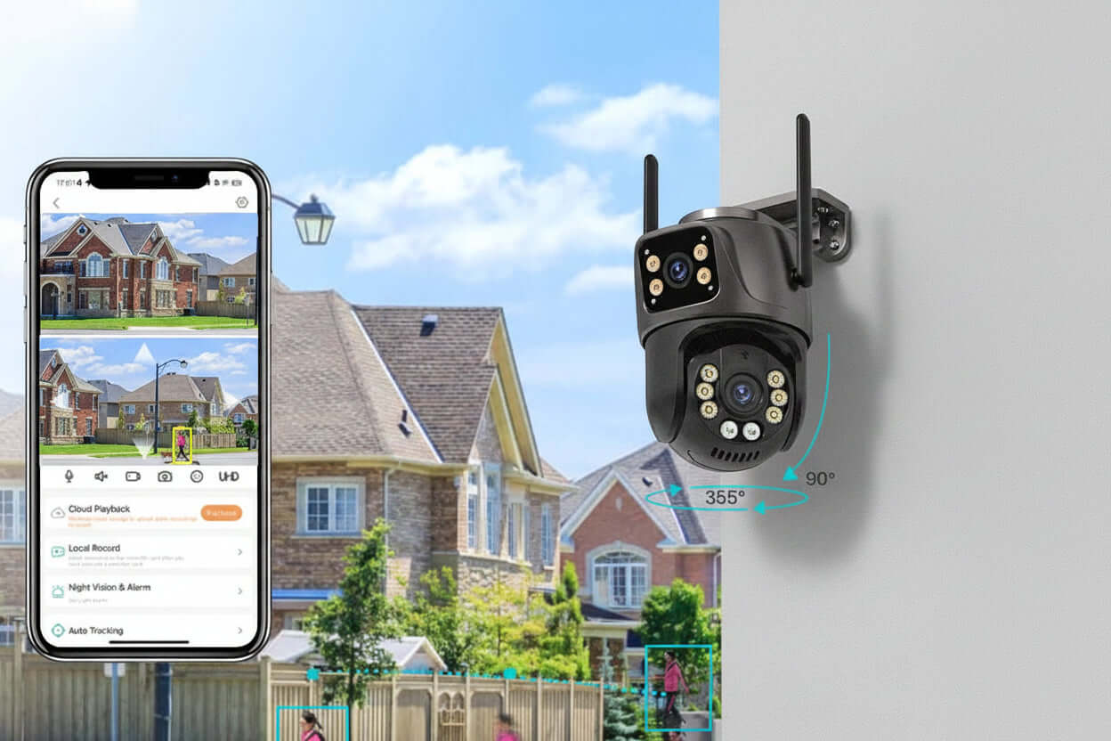 UDECER 4K 8MP outdoor WiFi PTZ security camera with dual lens, AI auto tracking, and night vision for enhanced surveillance.