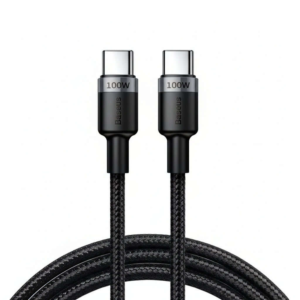 Baseus 100W USB-C fast charging cable, featuring dual USB-C connectors and braided design for durability.