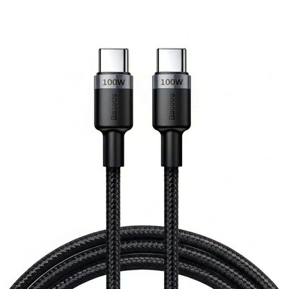 Baseus 100W USB-C fast charging cable, featuring dual USB-C connectors and braided design for durability.