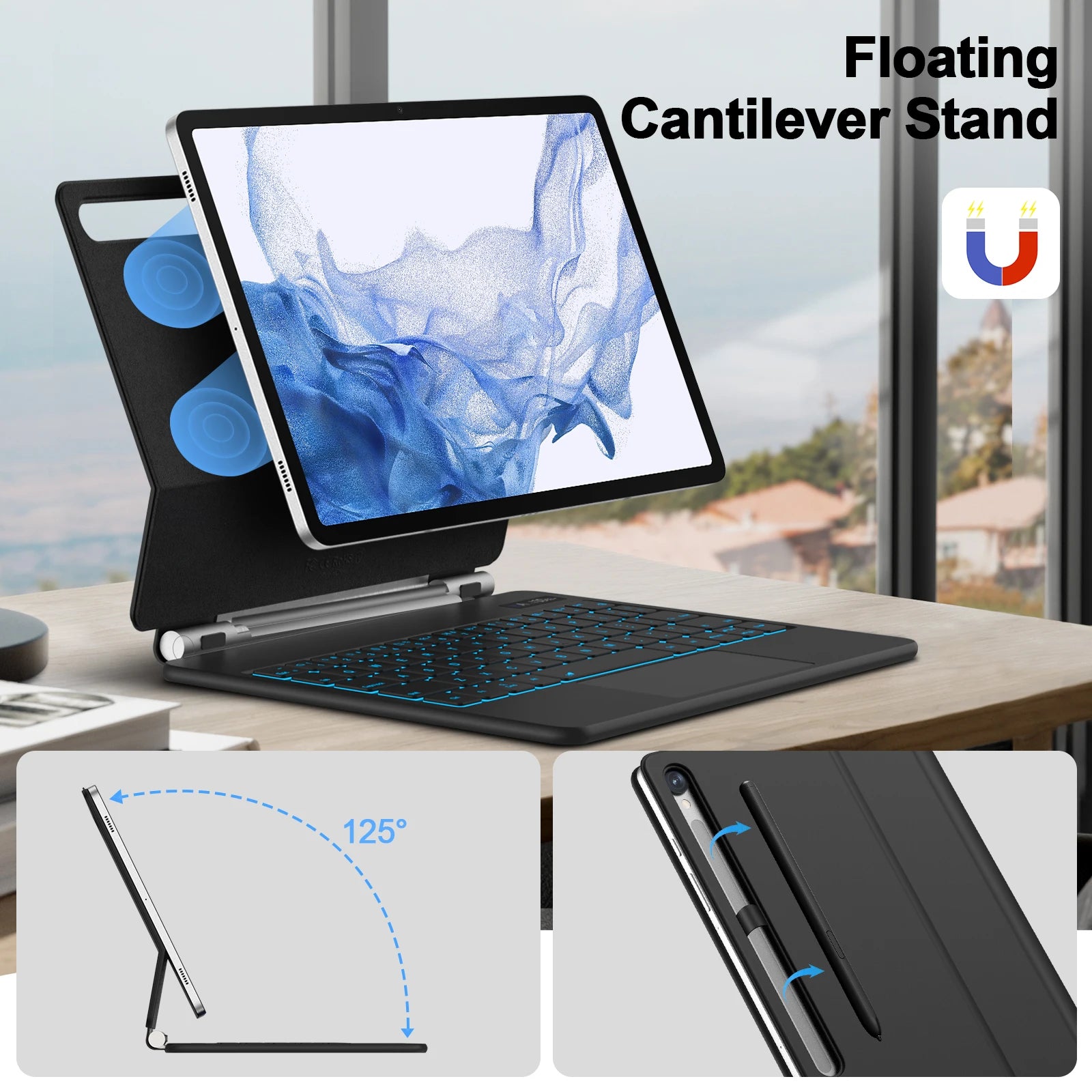 Floating magnetic keyboard for Samsung Tab S10+ S9+ S8 S7 by GOOJODOQ, showing sleek design and magnetic attachment feature.