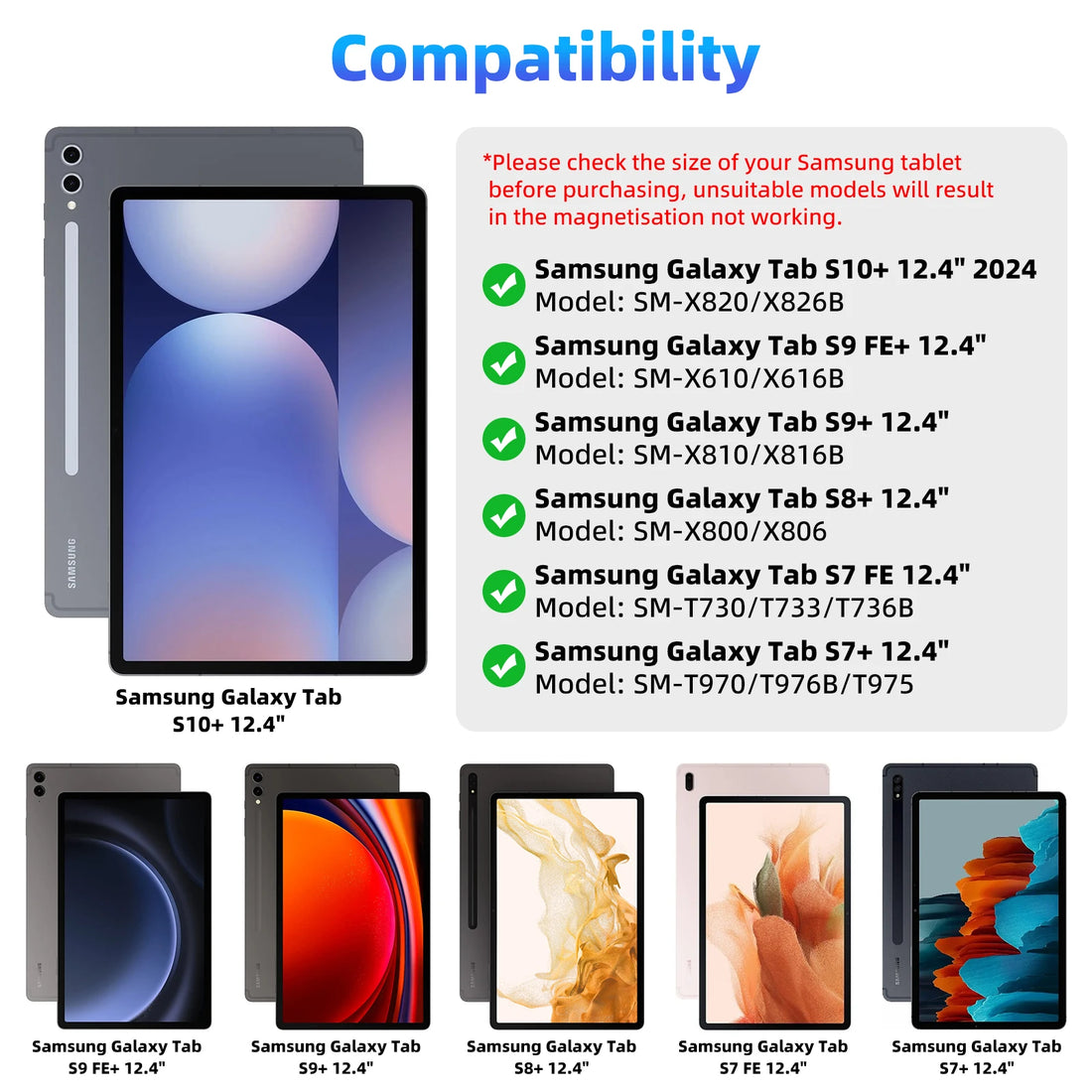 Floating magnetic keyboard for Samsung Tab S10+ S9+ S8 S7, GOOJODOQ official brand, shown attached to tablet in a close-up image.