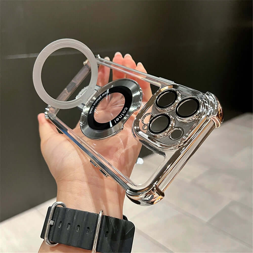 Clear phone case with camera lens protector held by a hand