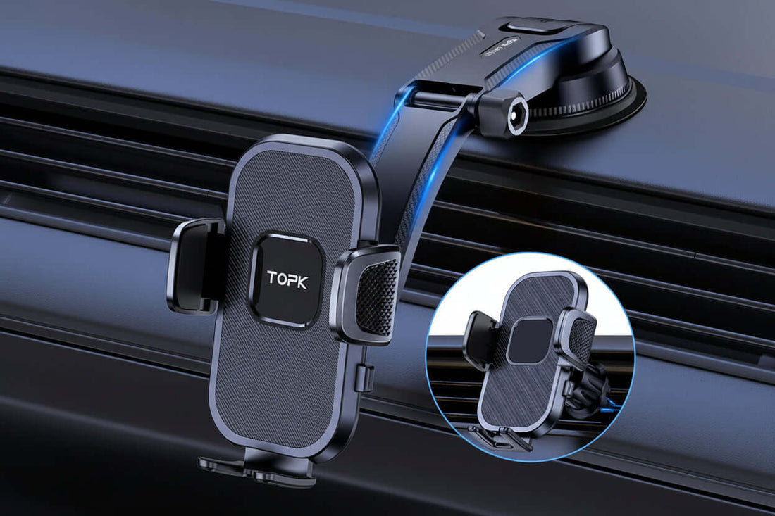 Universal car phone holder mounted on a dashboard with gravity design for secure placement.