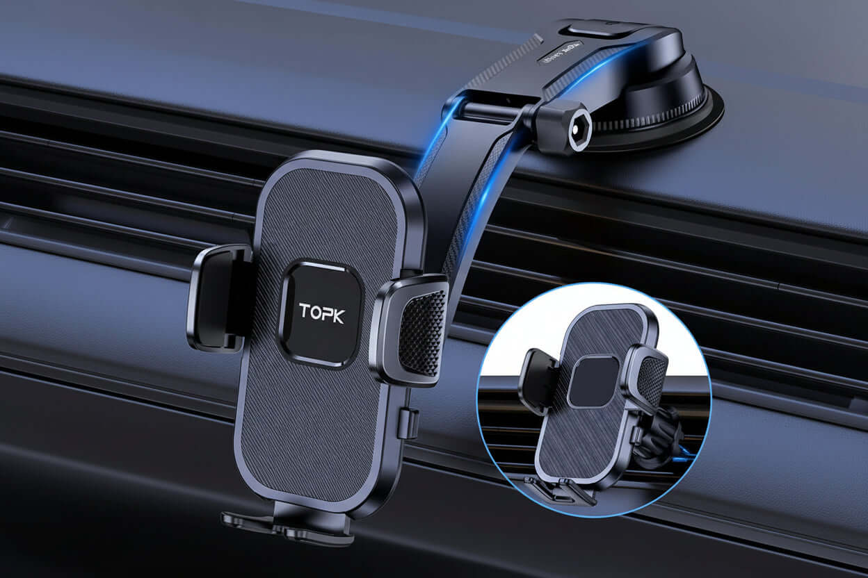 Universal car phone holder mounted on a dashboard with gravity design for secure placement.