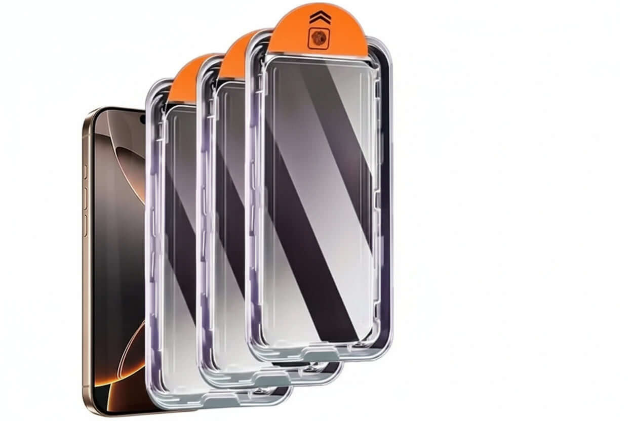 Packaging of phone screen protectors with additional features and branding elements.