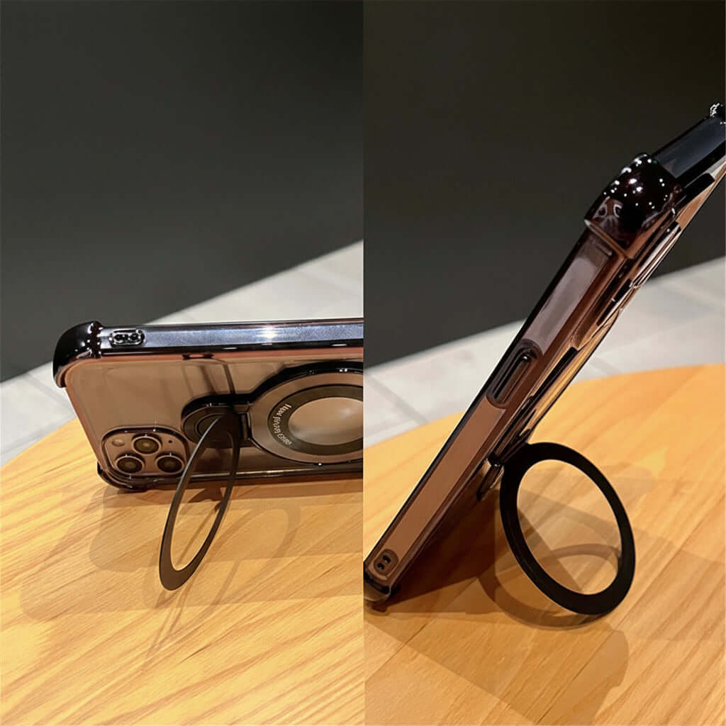 Phone case with metal ring holder showing vertical and horizontal positions on a wooden surface.