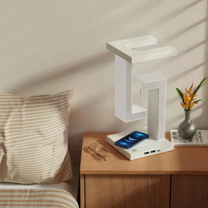 Floating Levitating Desk Light with 10W wireless charger by OT Lifestyle Store, featuring a modern lighting design and sleek white finish.