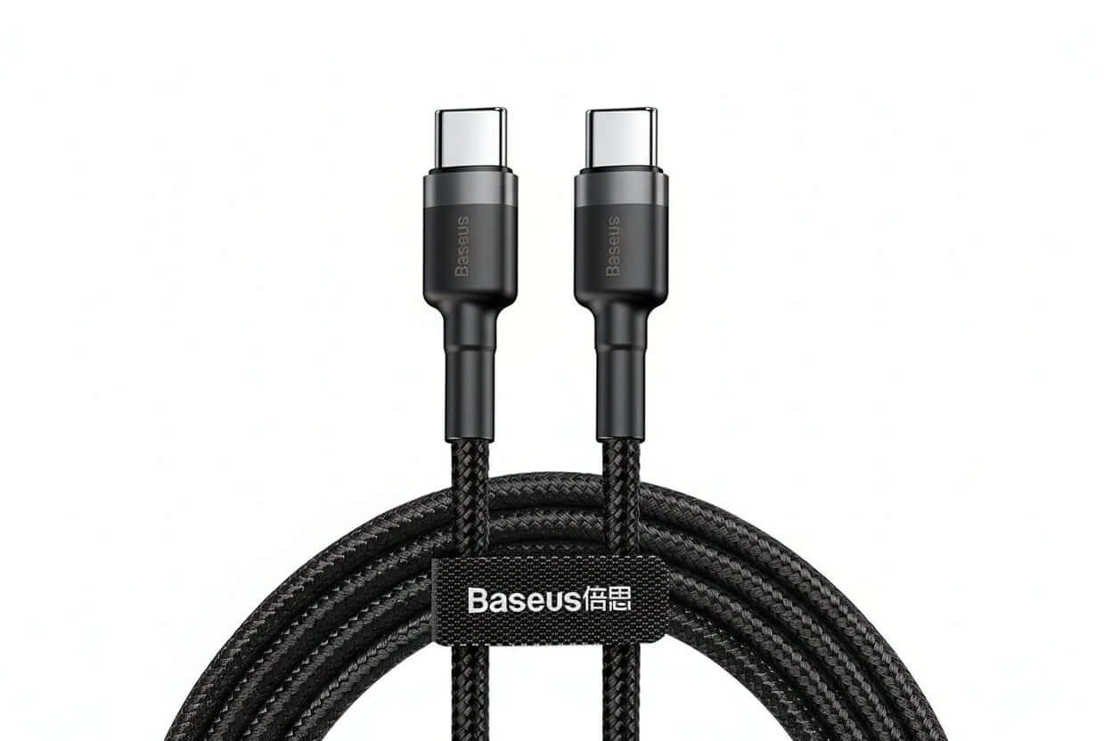 Baseus 100W USB-C fast charging cable with black braided design, featuring USB-C connectors at both ends.