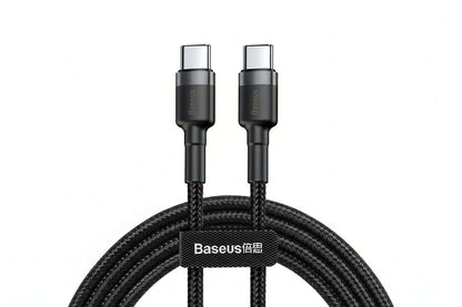 Baseus 100W USB-C fast charging cable with black braided design, featuring USB-C connectors at both ends.